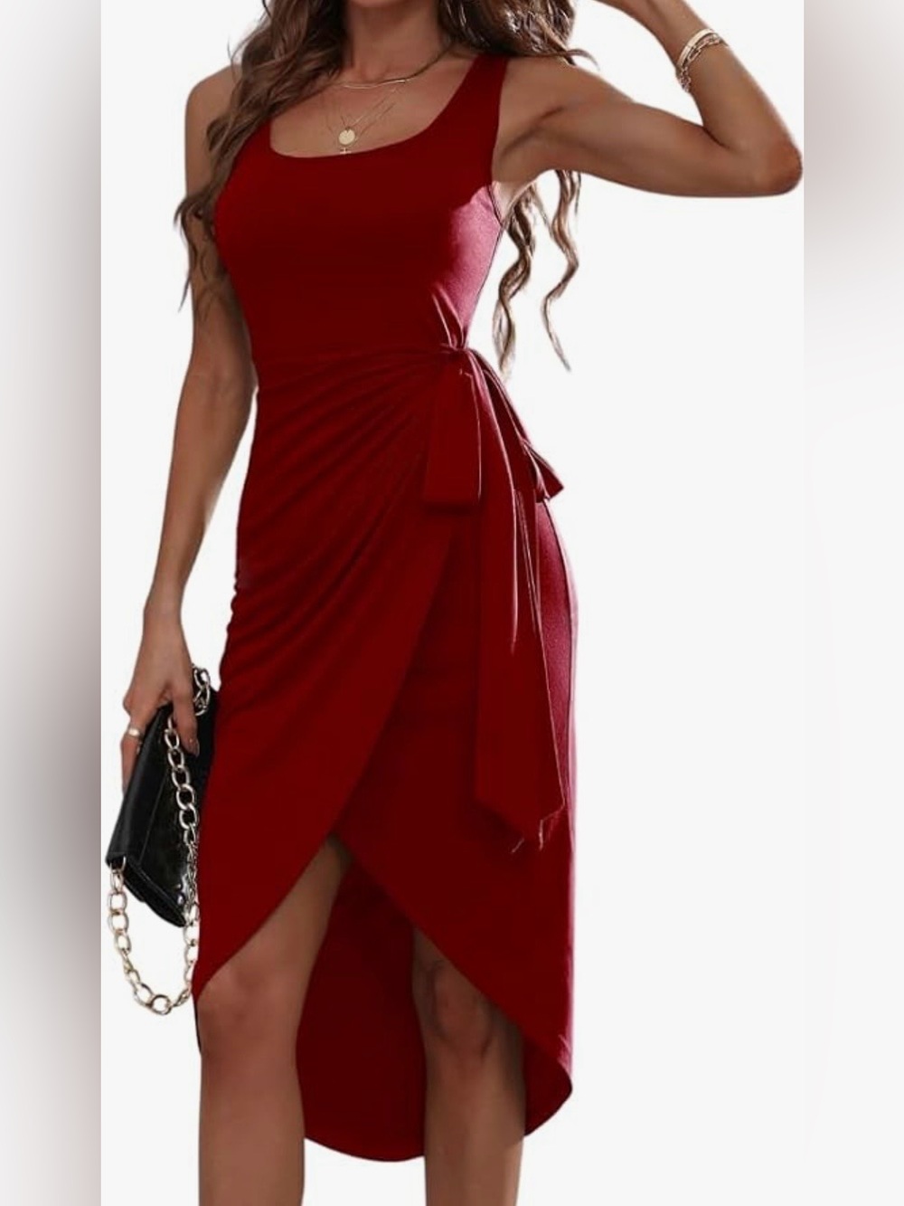 Sleeveless Red Wrap Midi Dress with Side Tie